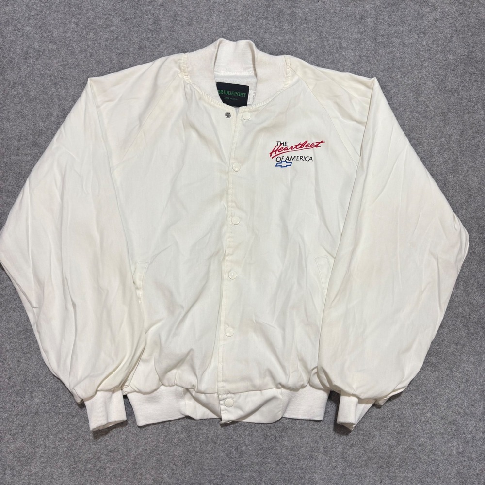 Vintage Bridgeport Chevy Heartbeat of America Jacket White Bomber Mens Large USA
